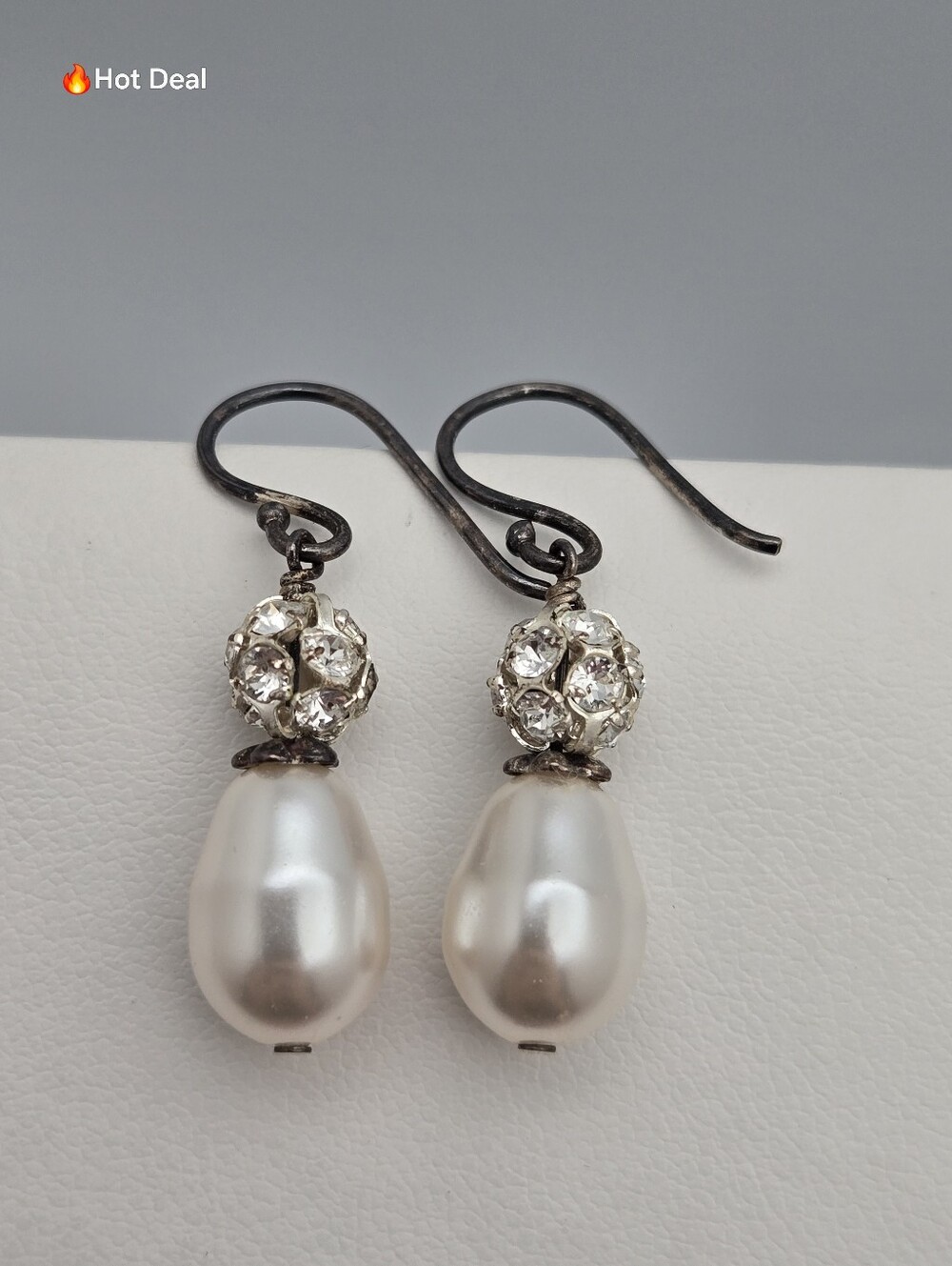 Pearl Drop Earrings Rhinestone Crystal Silver Tone Bridal 1.25" Vintage Style